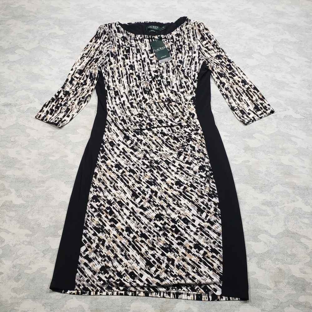 Lauren Ralph Lauren Dress Womens 14 Black Geo Print Shift Midi Nwt 3/4 Sleeve...